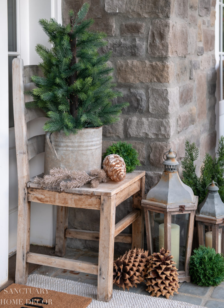 Simple Rustic Vignette with Mini Tree and Lanterns — Simple Christmas Outdoor Decor