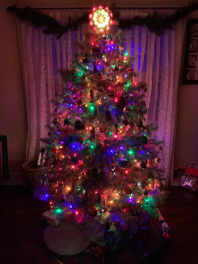 Eclectic Living Room Featuring a Densely Lit Multicolor Christmas Tree Eclectic Living Room Featuring a Densely Lit Multicolor Christmas Tree — Christmas Tree with Colored Lights
