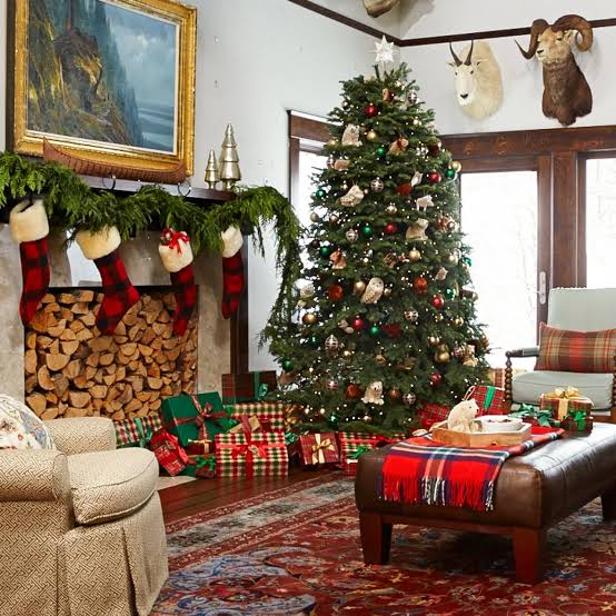 Rustic Christmas Living Room Corner with Plaid Stockings Rustic Christmas Living Room Corner with Plaid Stockings — Christmas Living Room Decor