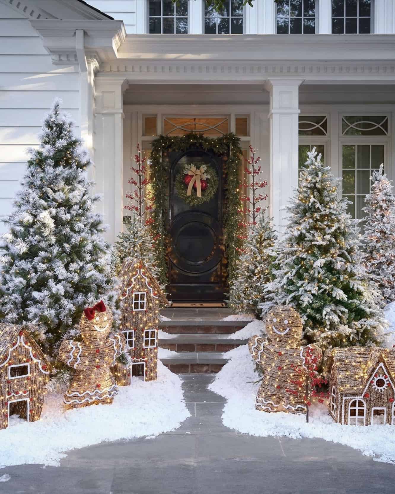 Whimsical Winter Wonderland Front Porch with Gingerbread House Figures — Winter Wonderland Christmas Decor