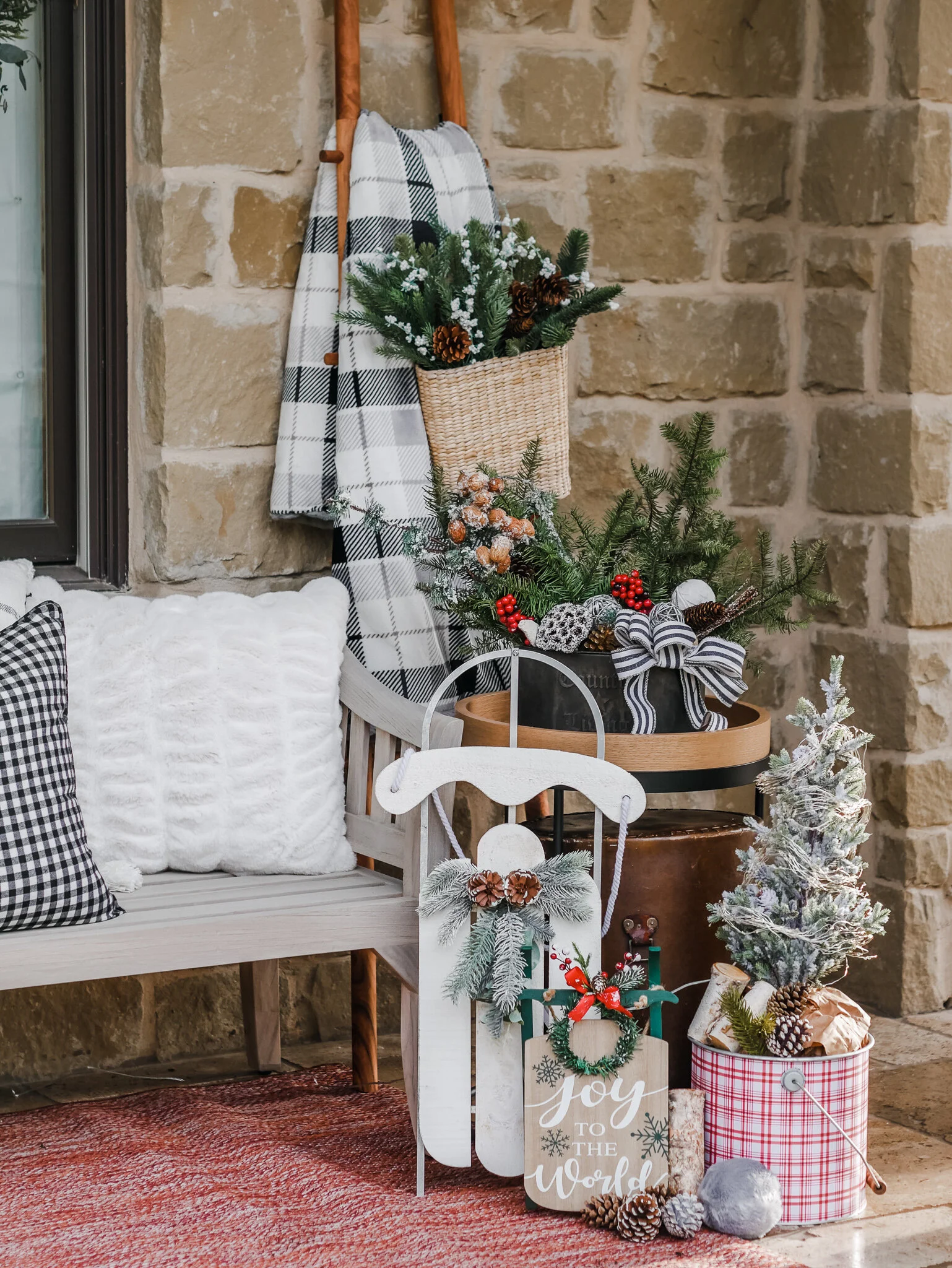 Charming Farmhouse Porch Sled with Greenery and Plaid Accents — Farmhouse Christmas Decor