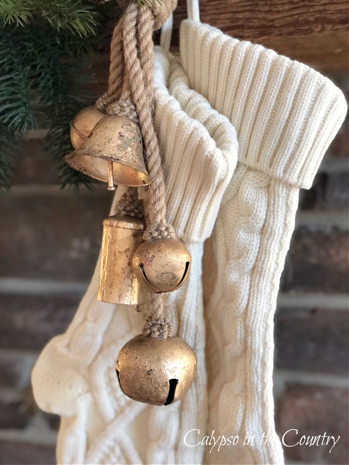 Cable Knit Stockings with Rope and Bells — Christmas Stockings Display