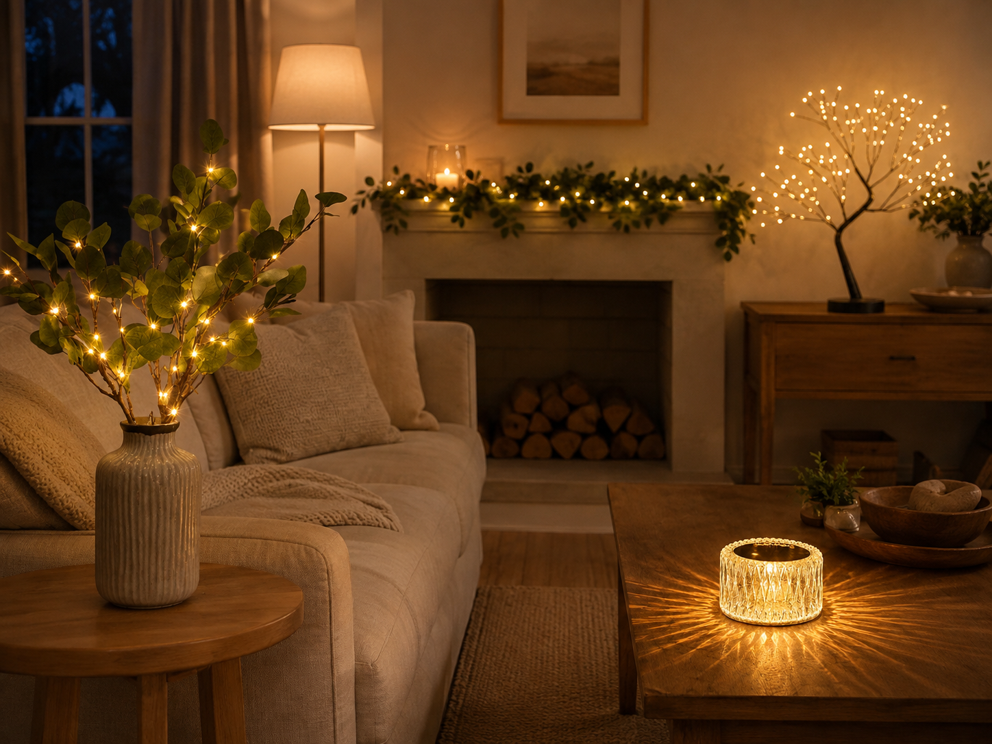 Minimalist Living Room with Fairy Light Accents on Branches Minimalist Living Room with Fairy Light Accents on Branches — Christmas Fairy Lights Living Room