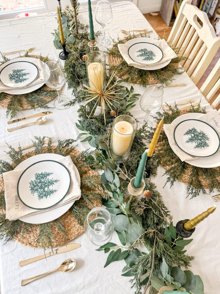 Modern Farmhouse Tablescape with Lush Greenery and Gold Accents — Christmas Dining Room Decor