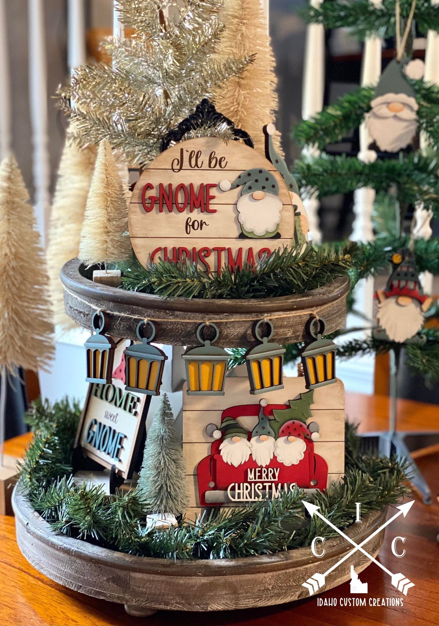 Farmhouse Tiered Tray with Gnome Signs and Lanterns Farmhouse Tiered Tray with Gnome Signs and Lanterns — Christmas Tiered Tray