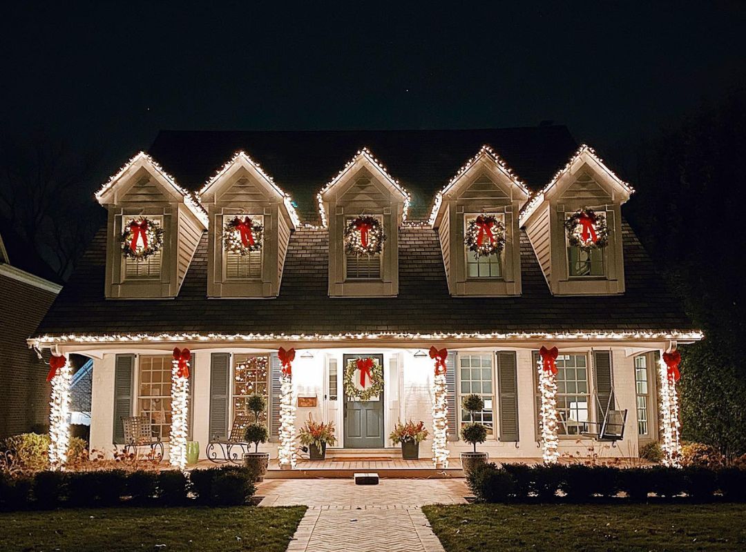 Symmetrical Porch and Facade with Wreaths and Lights — Outdoor Christmas Lights