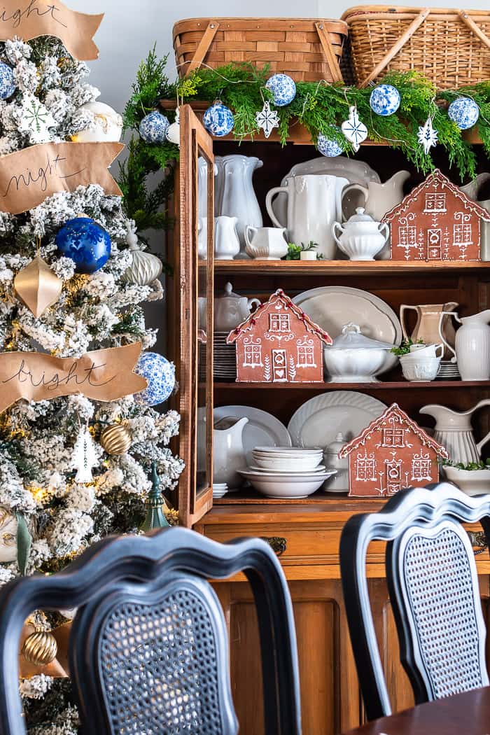 Rustic Hutch Display with Miniature Gingerbread Houses — Gingerbread Christmas Decor