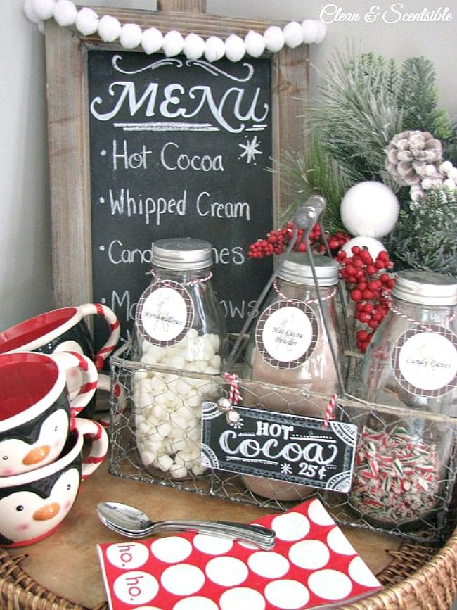 Farmhouse Hot Cocoa Bar with Chalkboard Menu and Penguin Mugs — Christmas Hot Cocoa Bar