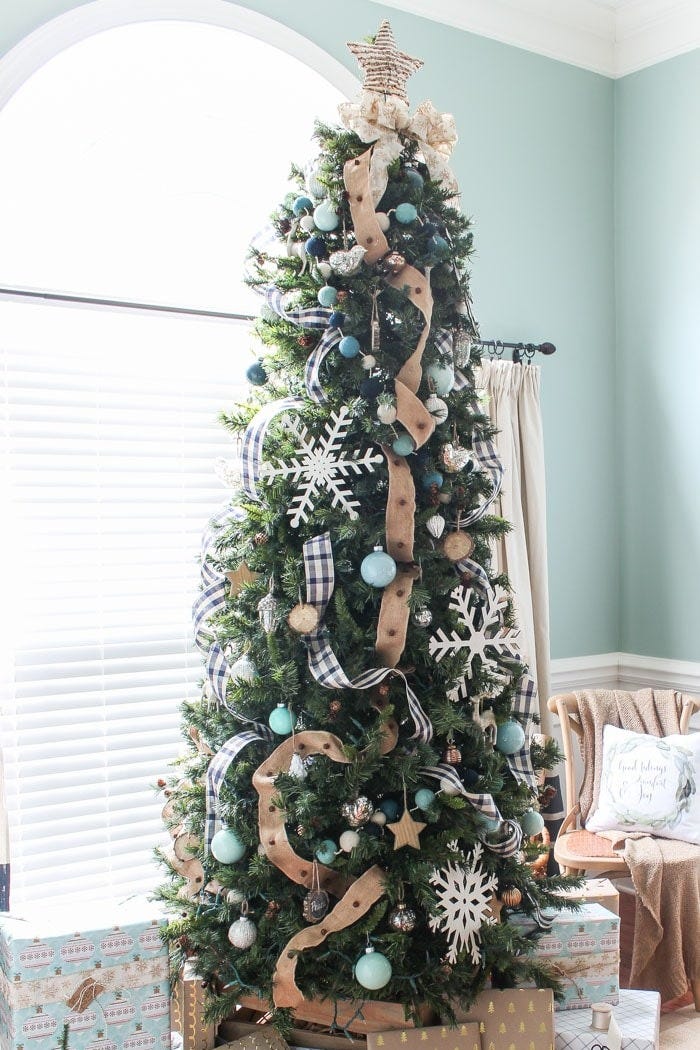 Blue and White Gingham Ribbon Farmhouse Tree Blue and White Gingham Ribbon Farmhouse Tree — Farmhouse Christmas Tree