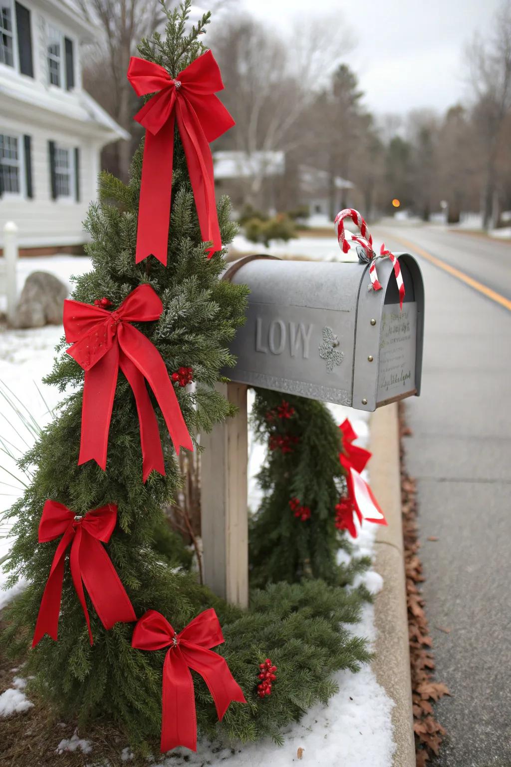 Classic Silver Mailbox with Lush Pine Garland, Red Bows, and Candy Canes — Christmas Mailbox Decor