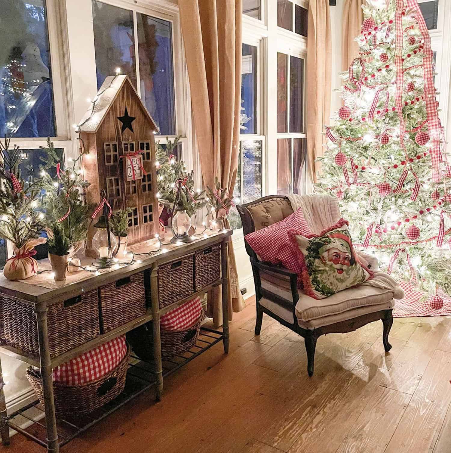 Farmhouse Sunroom Christmas Tree with Red and White Ornaments — Farmhouse Christmas Decor