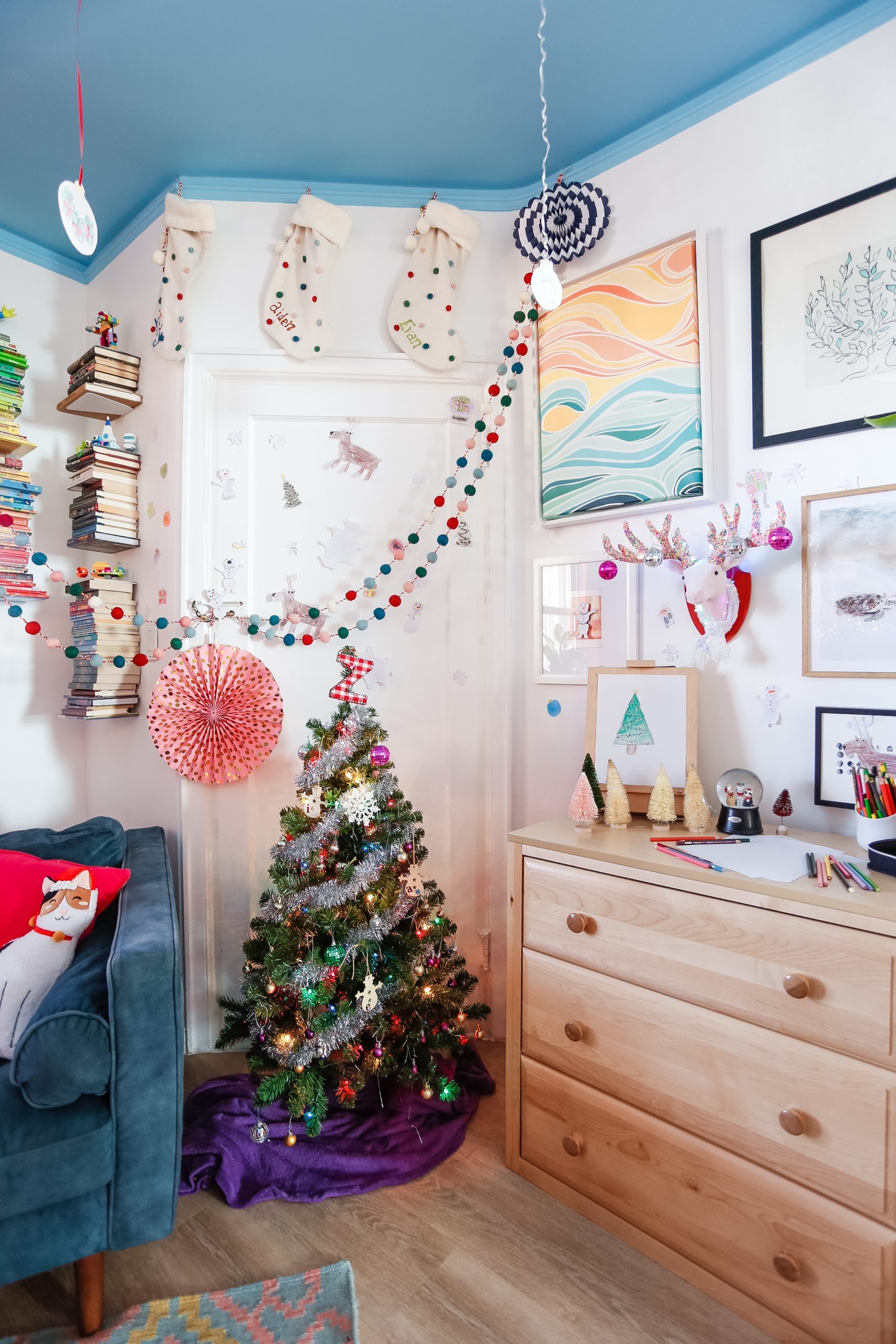 Kids' Room Whimsical Tinsel Tree and Reindeer Head — Whimsical Christmas Decor