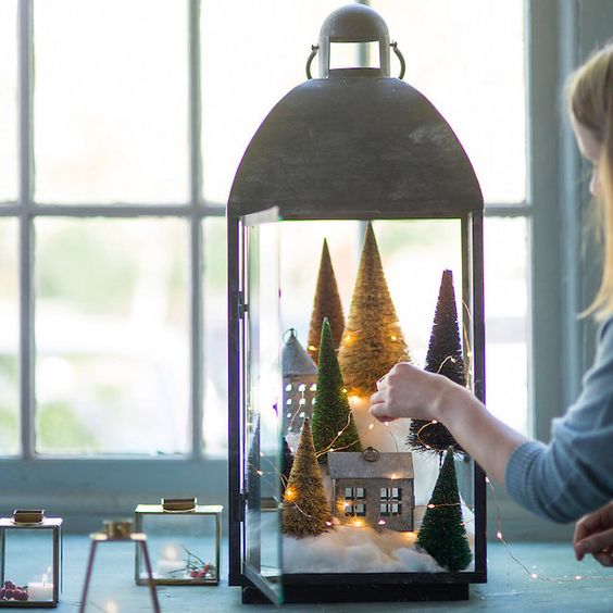 Large Black Lantern with Miniature Winter Scene and LED Lights — Christmas Lantern Lights