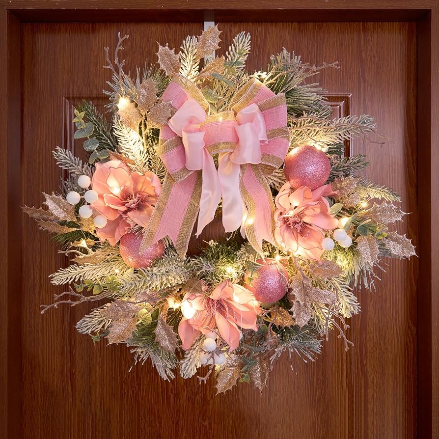 Festive Pink Magnolia Christmas Wreath — Pink Christmas Decor