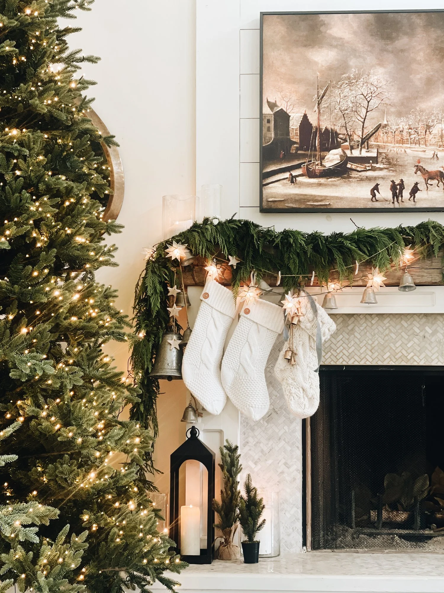 Rustic Modern Mantel with Greenery Garland and Knit Stockings — Christmas Decor