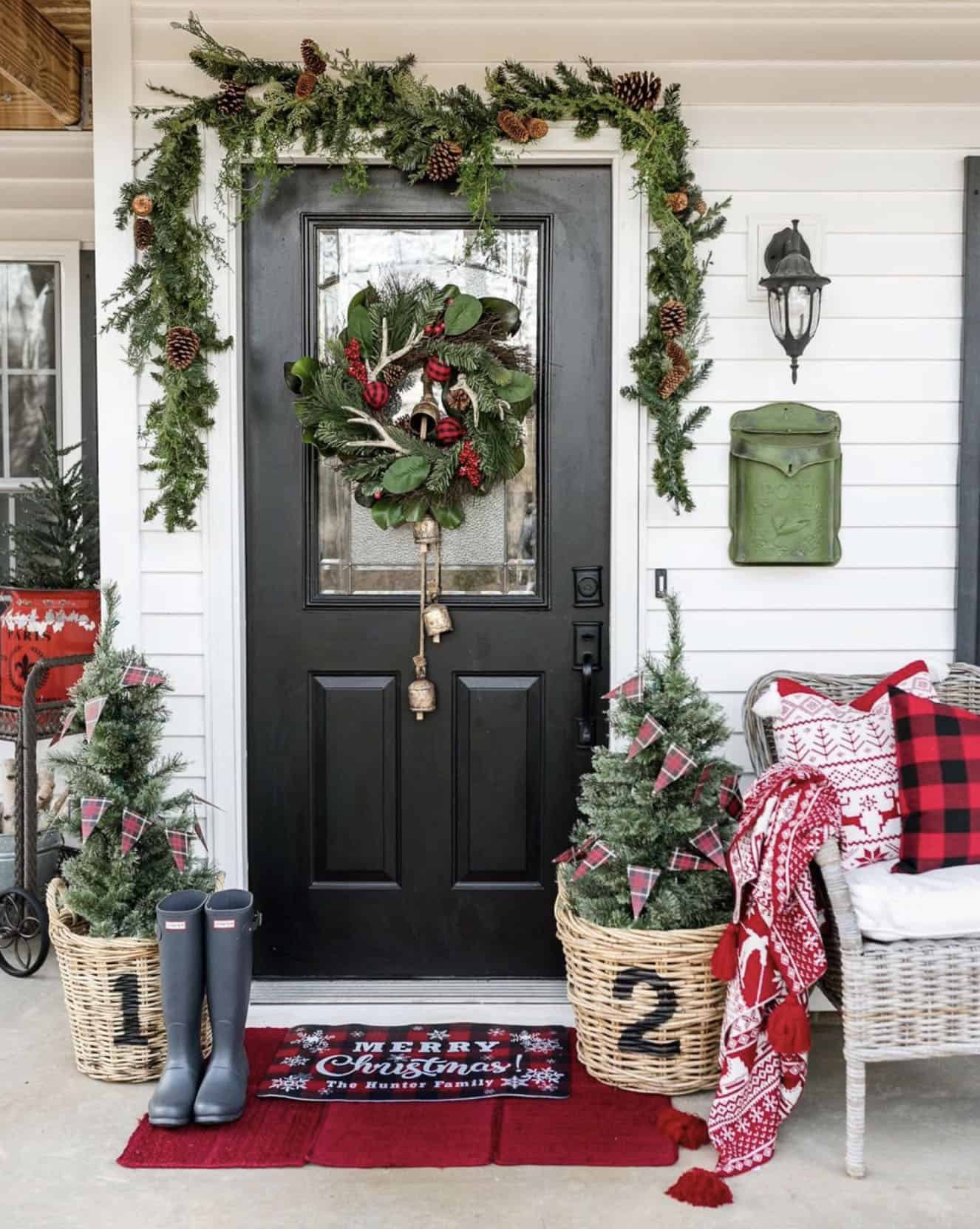 Farmhouse Entryway with Wreath, Garland, and Mini Trees — Simple Christmas Outdoor Decor