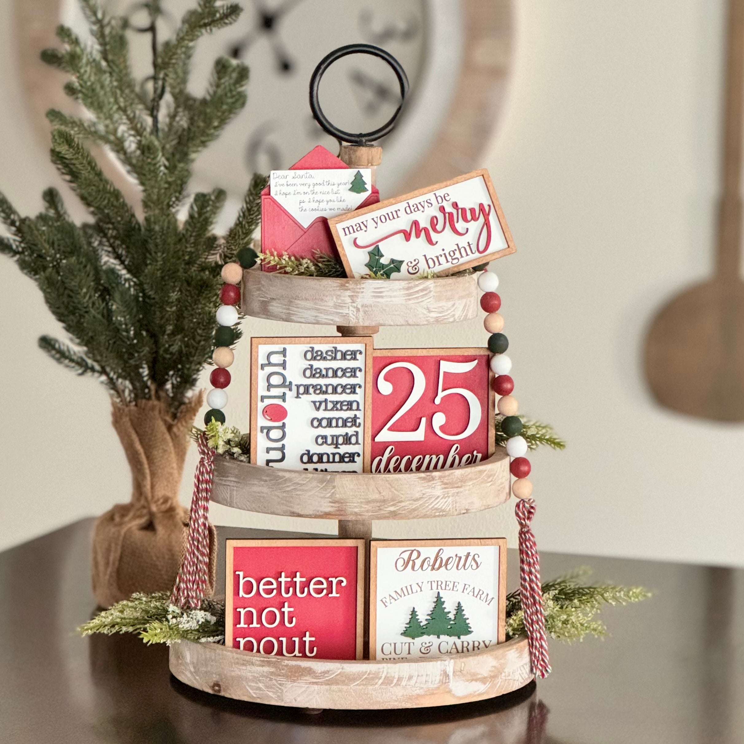 Wooden Tiered Tray with Reindeer Names and Festive Blocks Wooden Tiered Tray with Reindeer Names and Festive Blocks — Christmas Tiered Tray