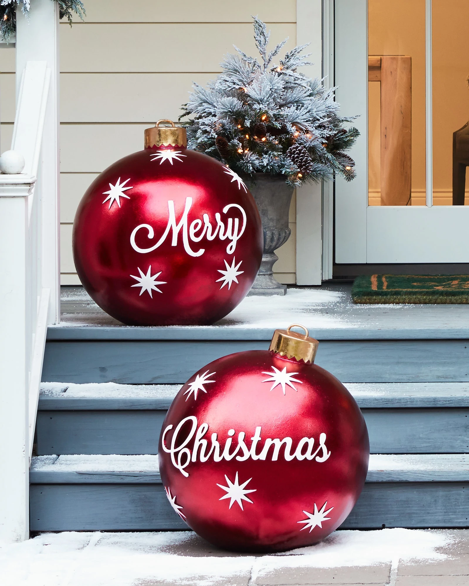 Oversized 'Merry Christmas' Ornaments on Porch Steps — Christmas Yard Decor
