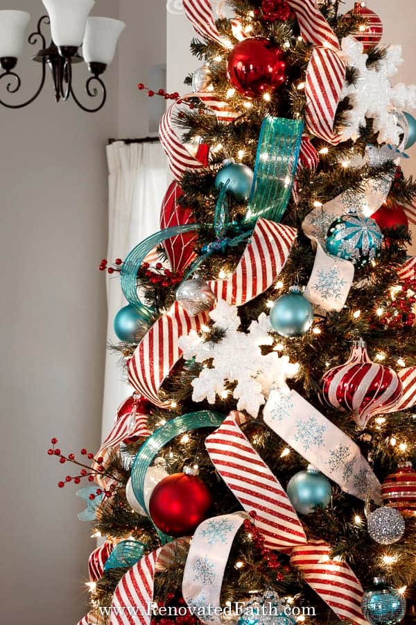 Striped and Teal Ribbon with Snowflake Ornaments Striped and Teal Ribbon with Snowflake Ornaments — Christmas Tree Ribbon