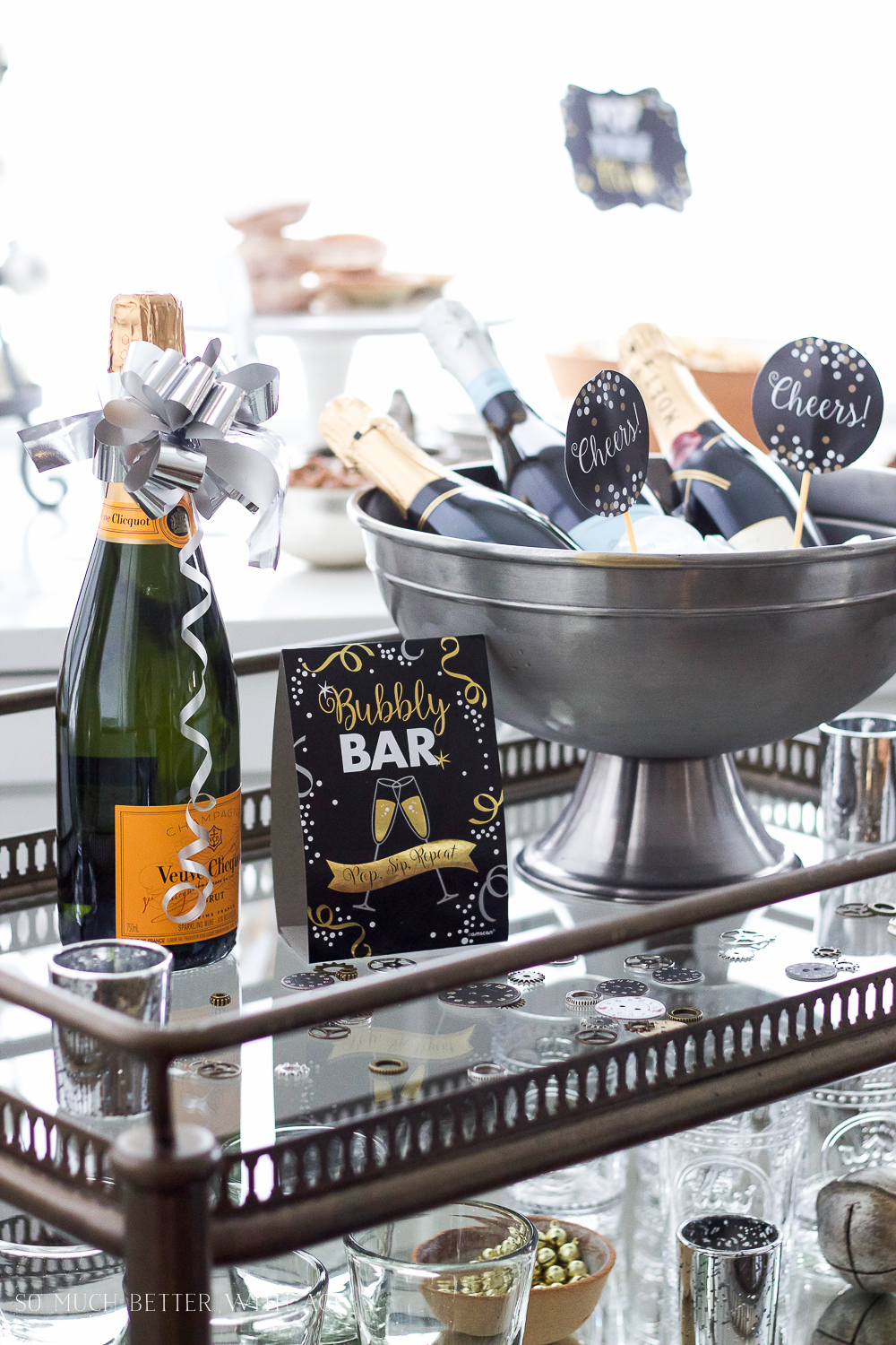 Festive Bar Cart with Chilled Champagne and 'Bubbly Bar' Sign — New Years Eve Party 2027