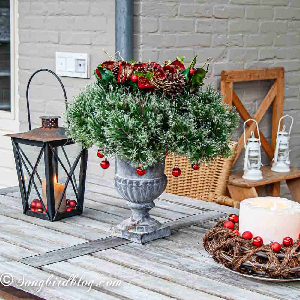 Rustic Garden Table Centerpiece with Frosted Pine — Simple Christmas Outdoor Decor