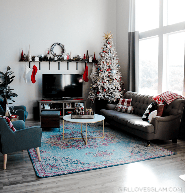 Modern Farmhouse Living Room with Flocked Christmas Tree and Teal Accents Modern Farmhouse Living Room with Flocked Christmas Tree and Teal Accents — Christmas Living Room Decor