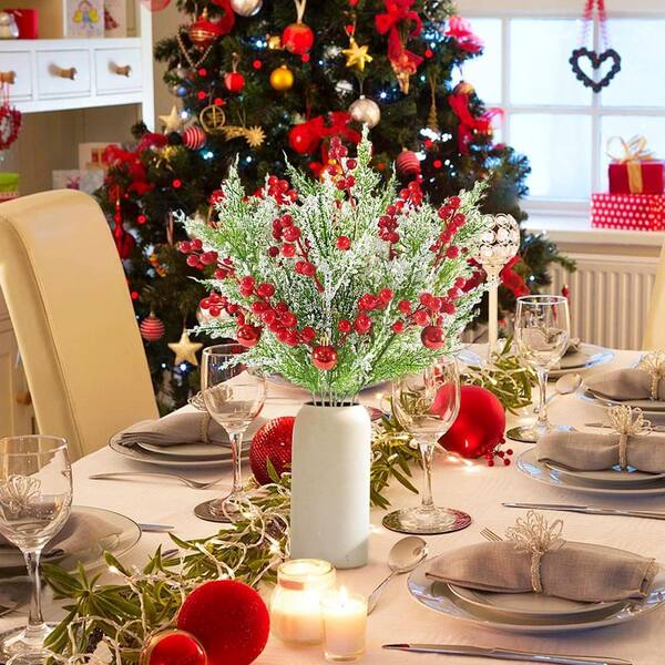 Frosted Cedar Spray Centerpiece with Red Berries Frosted Cedar Spray Centerpiece with Red Berries — Red and Green Christmas Decor