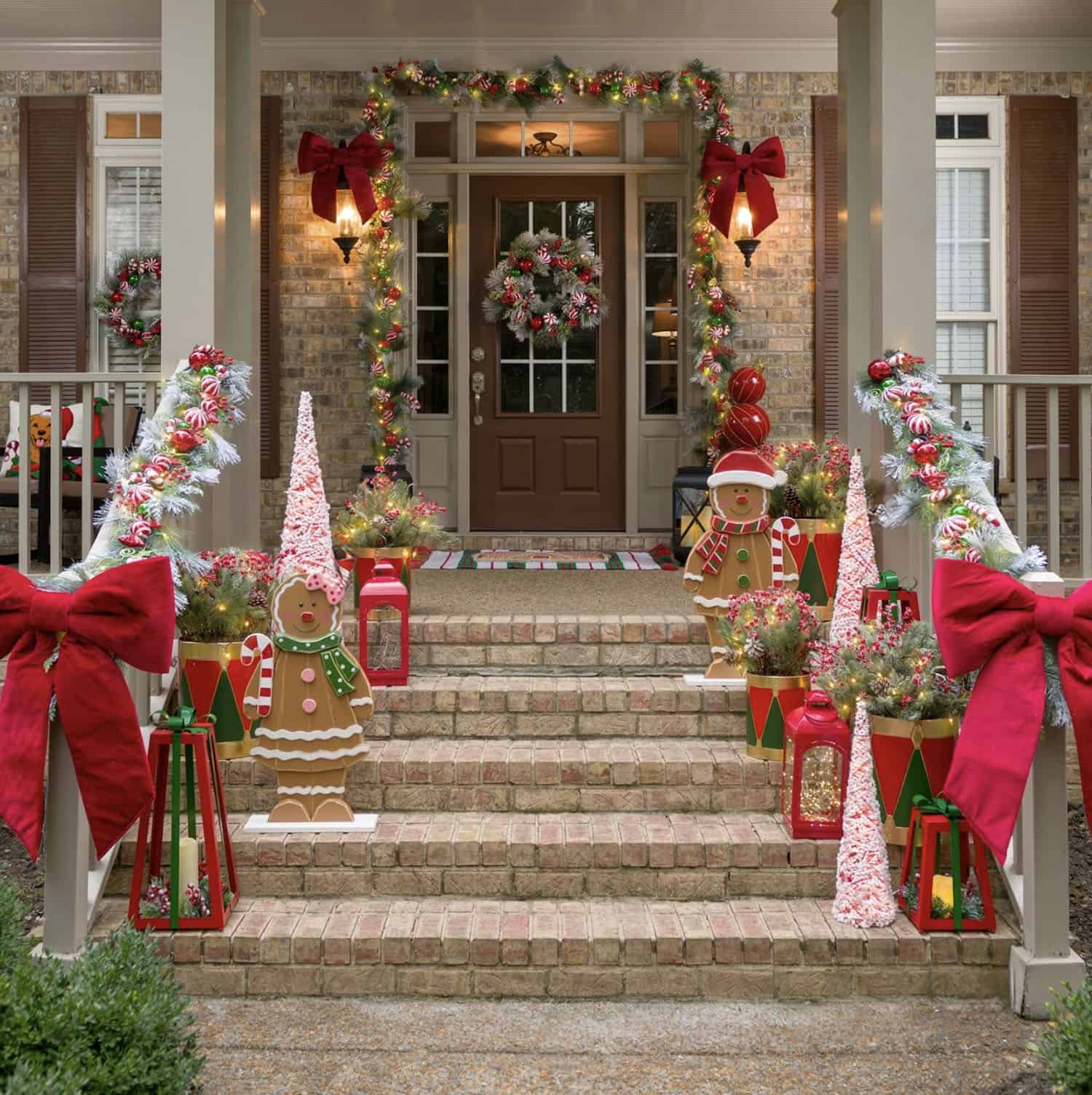 Abundant Gingerbread and Bows on Porch Steps — Christmas Yard Decor