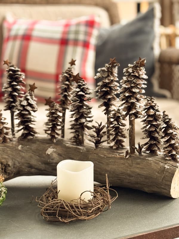Rustic Driftwood Base with Pinecone Trees Rustic Driftwood Base with Pinecone Trees — Christmas Coffee Table Decor