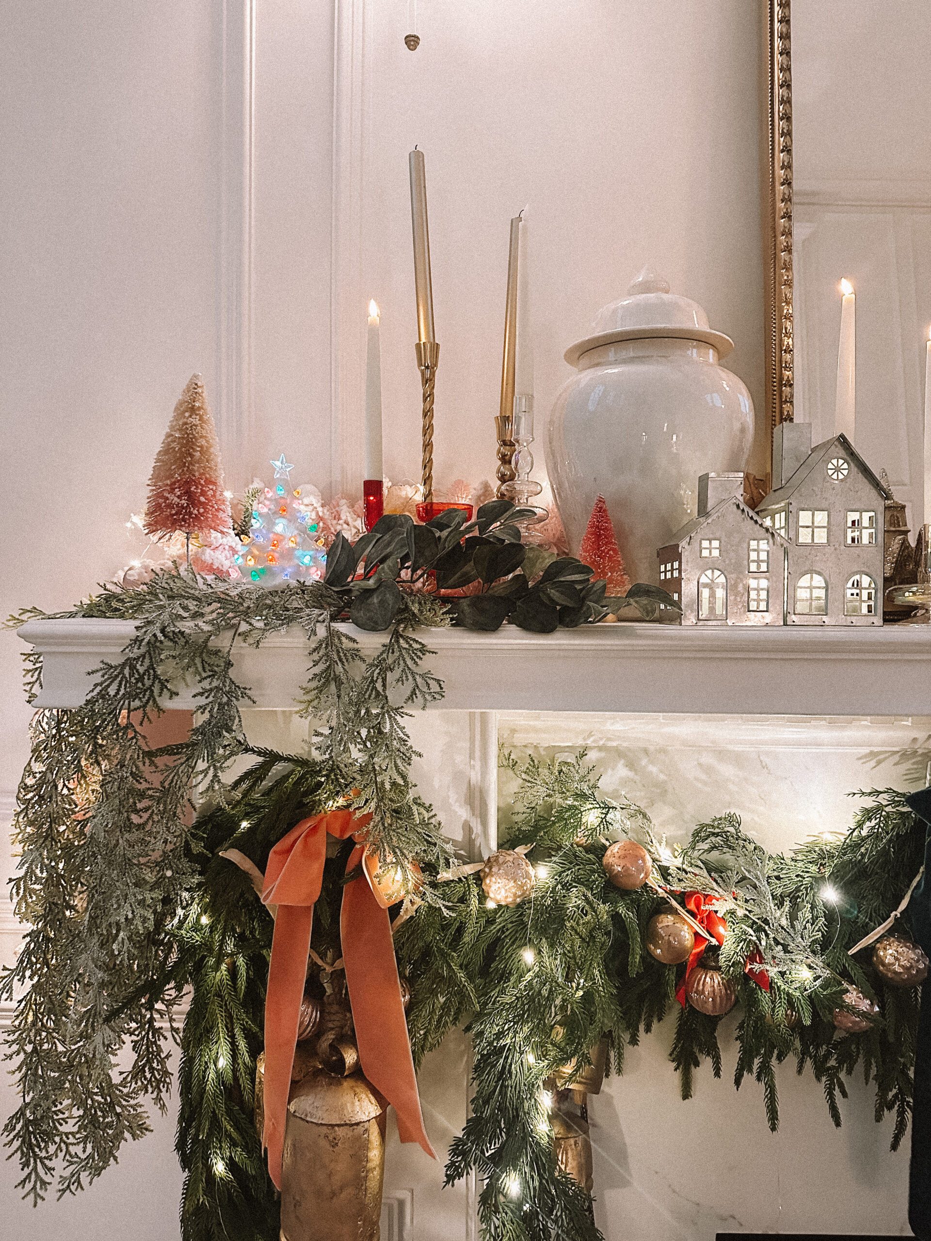 Whimsical Mantel with Pink Trees and Bells Whimsical Mantel with Pink Trees and Bells — Christmas Mantel Decor