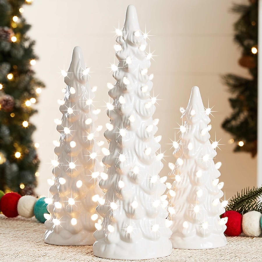 Group of Glowing White Ceramic Tabletop Christmas Trees — White Christmas Tree Decor