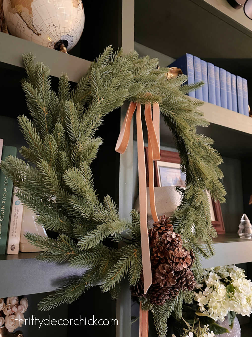 Artificial Pine Wreath with Peach Velvet Ribbon and Pinecones — DIY Christmas Wreath