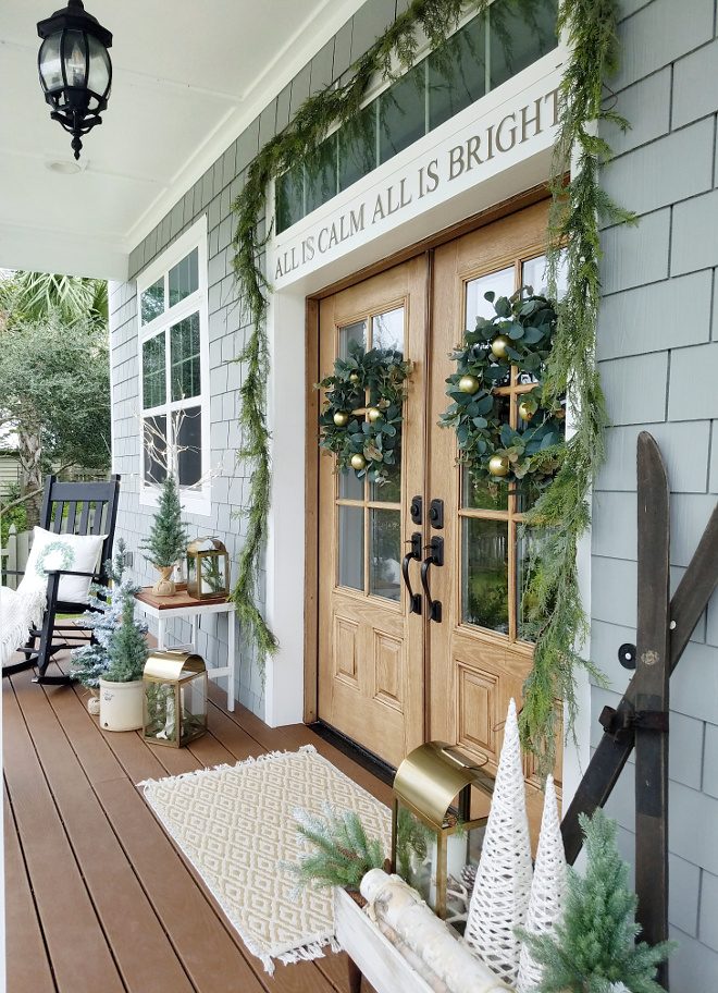 Classic Double Wooden Doors with Gold Wreaths and Greenery — Farmhouse Christmas Porch