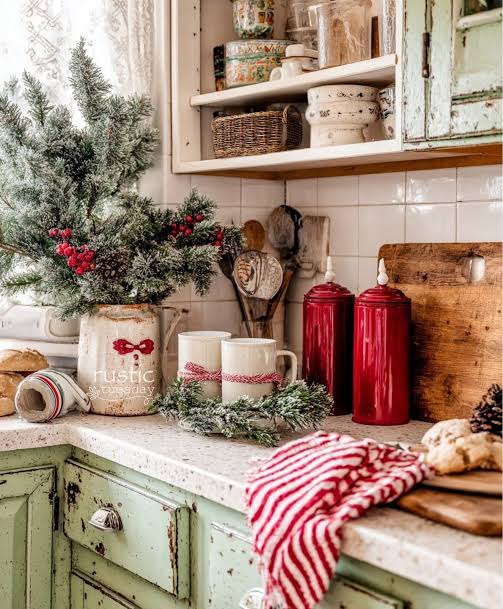 Rustic Kitchen Counter Display with Frosted Christmas Tree and Festive Mugs — Christmas Kitchen Decor