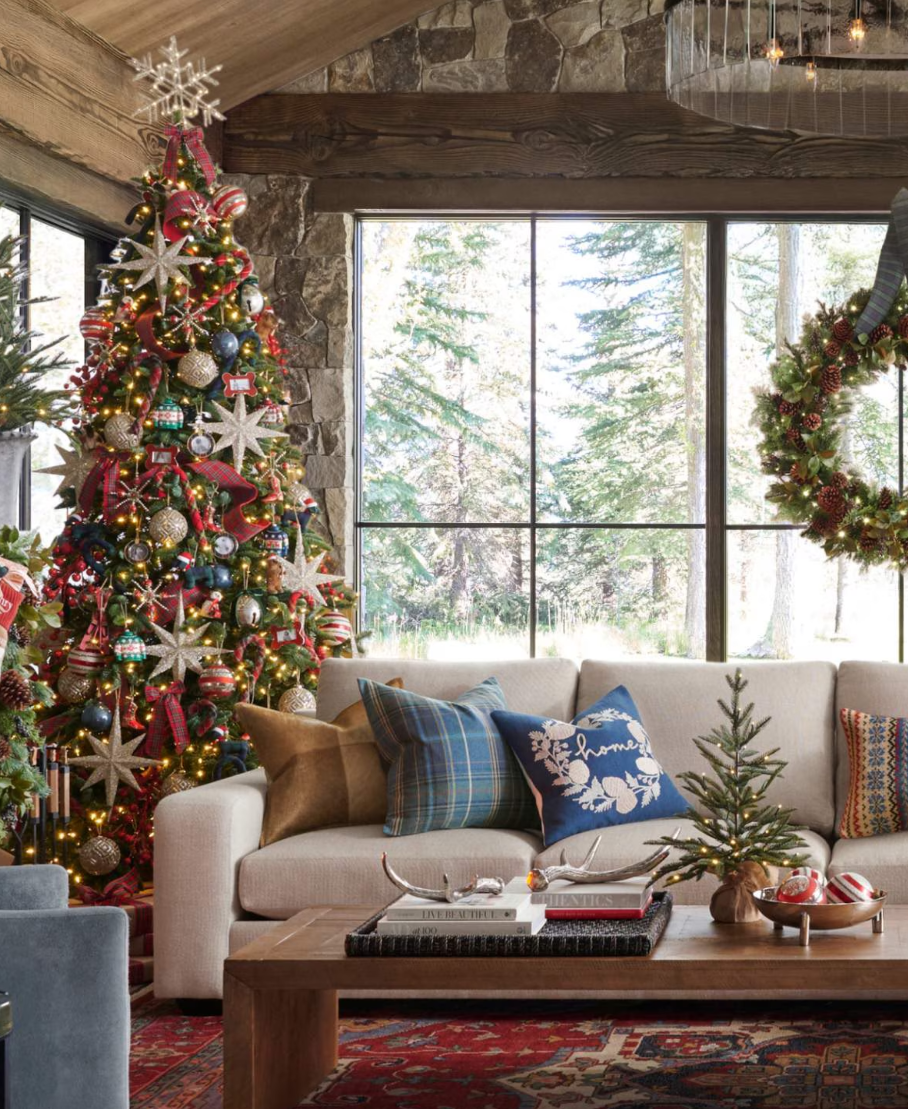 Rustic Lodge Living Room with Plaid Sofa and Stone Accent Wall Rustic Lodge Living Room with Plaid Sofa and Stone Accent Wall — Christmas Living Room Decor
