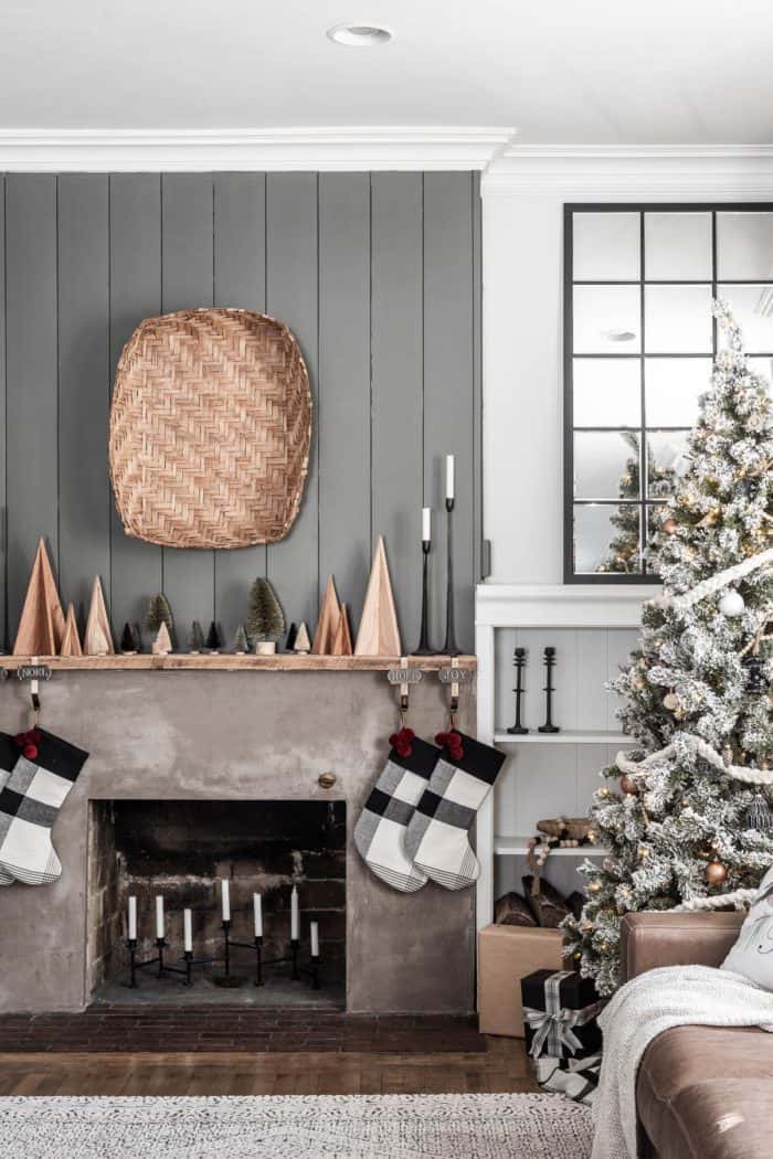 Rustic Modern Mantel with Copper Trees Rustic Modern Mantel with Copper Trees — Christmas Mantel Decor