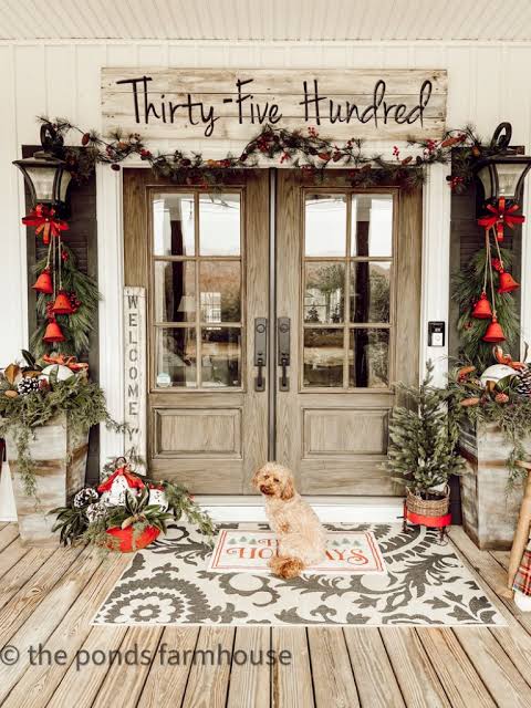 Farmhouse Porch with Dog, Garland, and Wooden Sign Farmhouse Porch with Dog, Garland, and Wooden Sign — Christmas Porch Decor