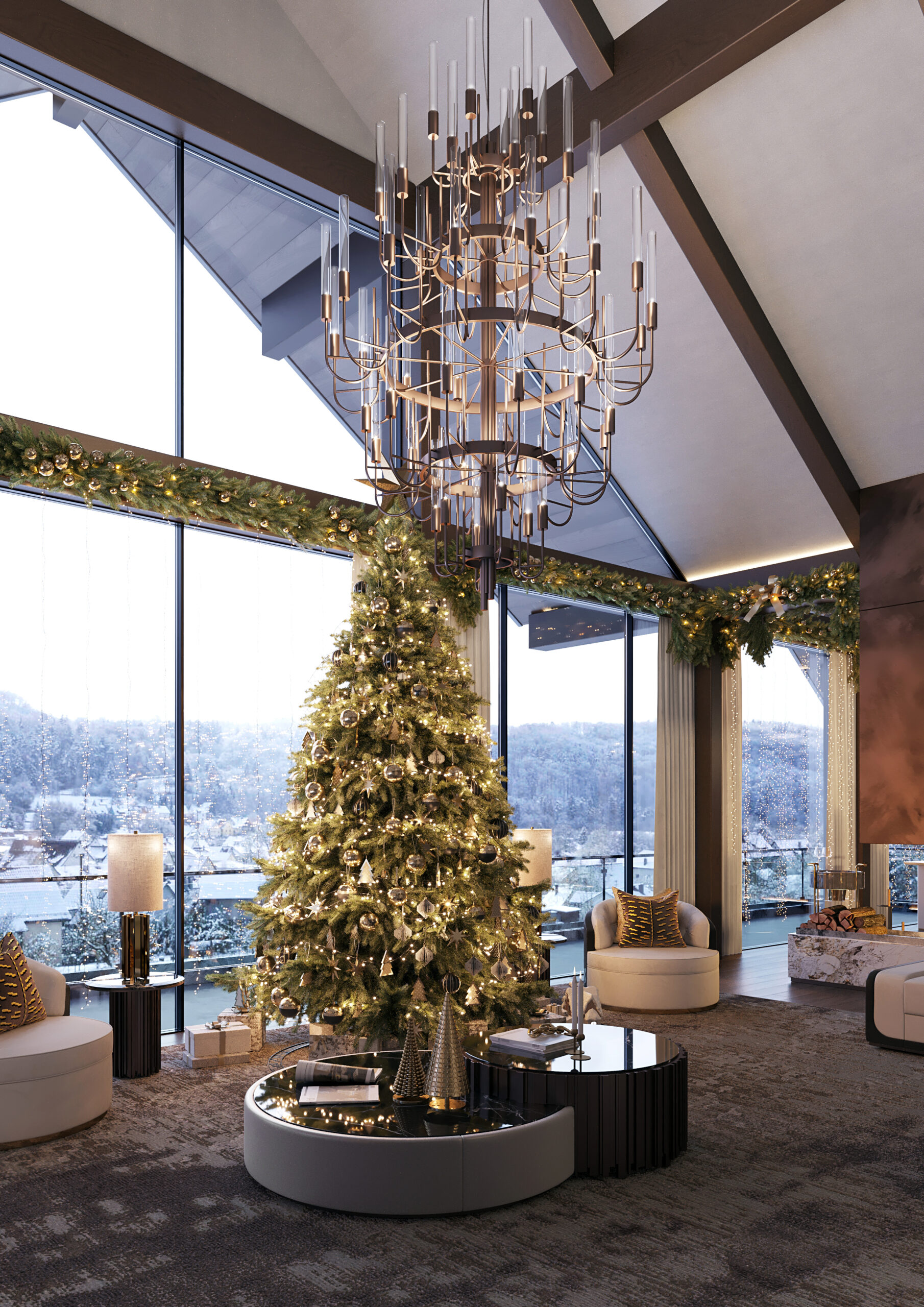 Modern Luxury Tree Against a Snowy Landscape View — Elegant Christmas Tree