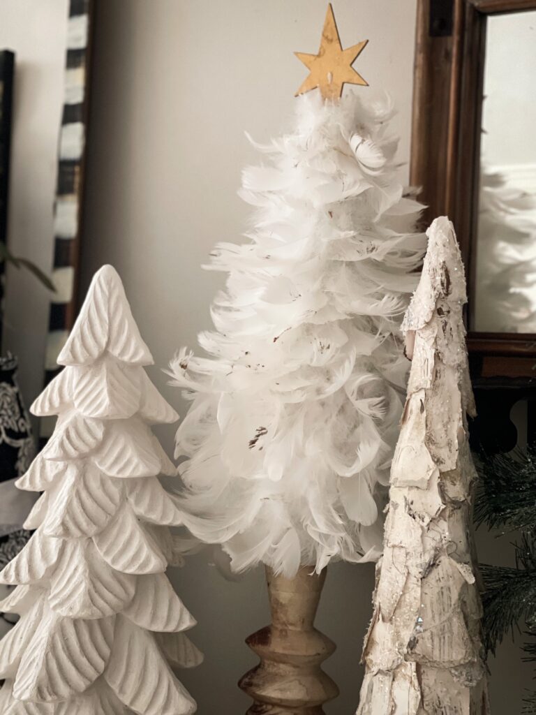 Whimsical Vignette with White Feather and Wood Trees — White Christmas Tree Decor