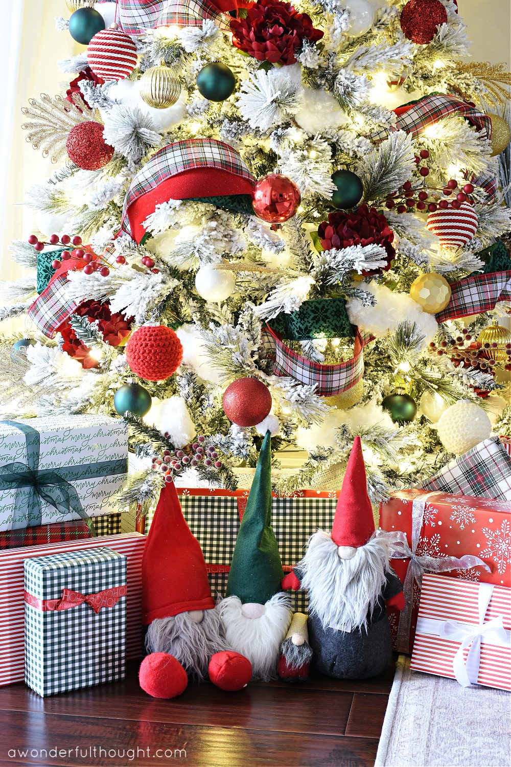 Whimsical Christmas Scene with Gnomes and Gifts at Tree Base Whimsical Christmas Scene with Gnomes and Gifts at Tree Base — Red and Green Christmas Decor