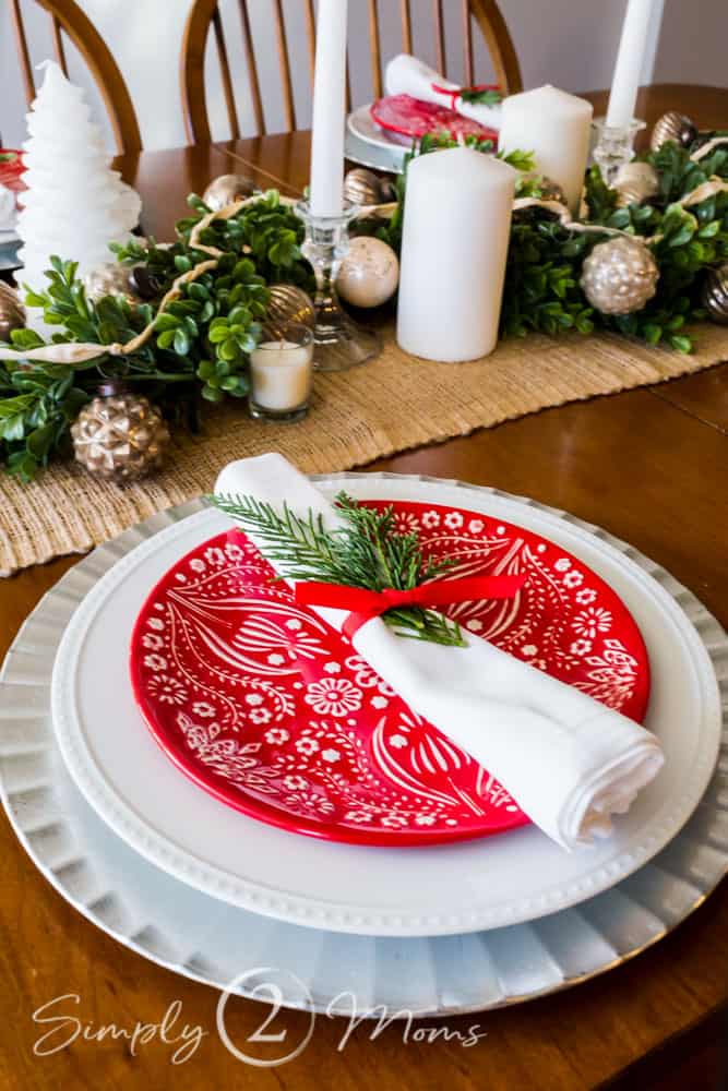 Festive Red and White Patterned Plate Setting — Christmas Table Setting
