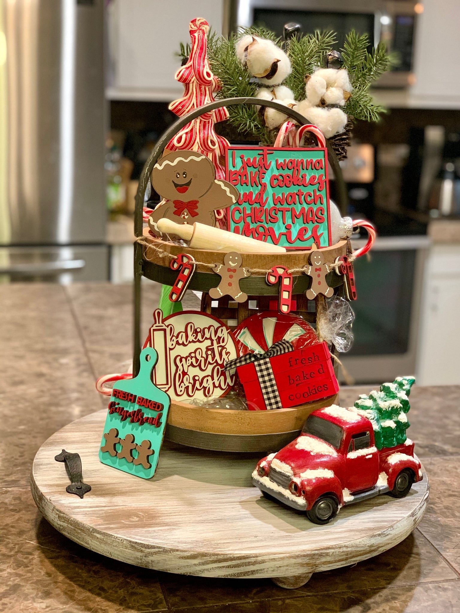 Whimsical Gingerbread and Candy Cane Themed Tiered Tray Whimsical Gingerbread and Candy Cane Themed Tiered Tray — Christmas Tiered Tray