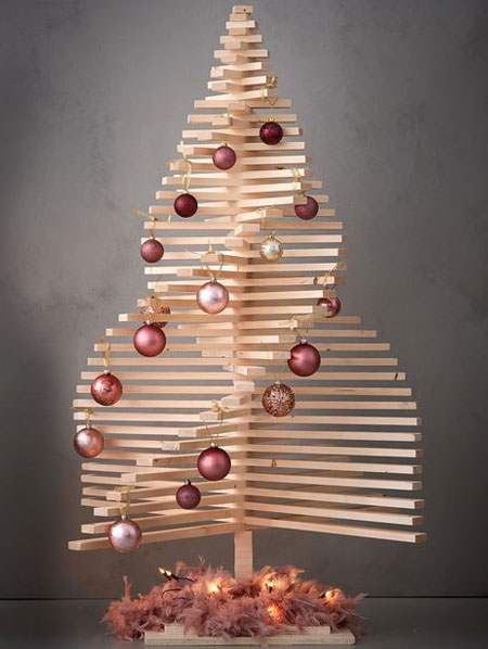Modern Geometric Wooden Slat Tree with Pink Baubles — Alternative Christmas Trees