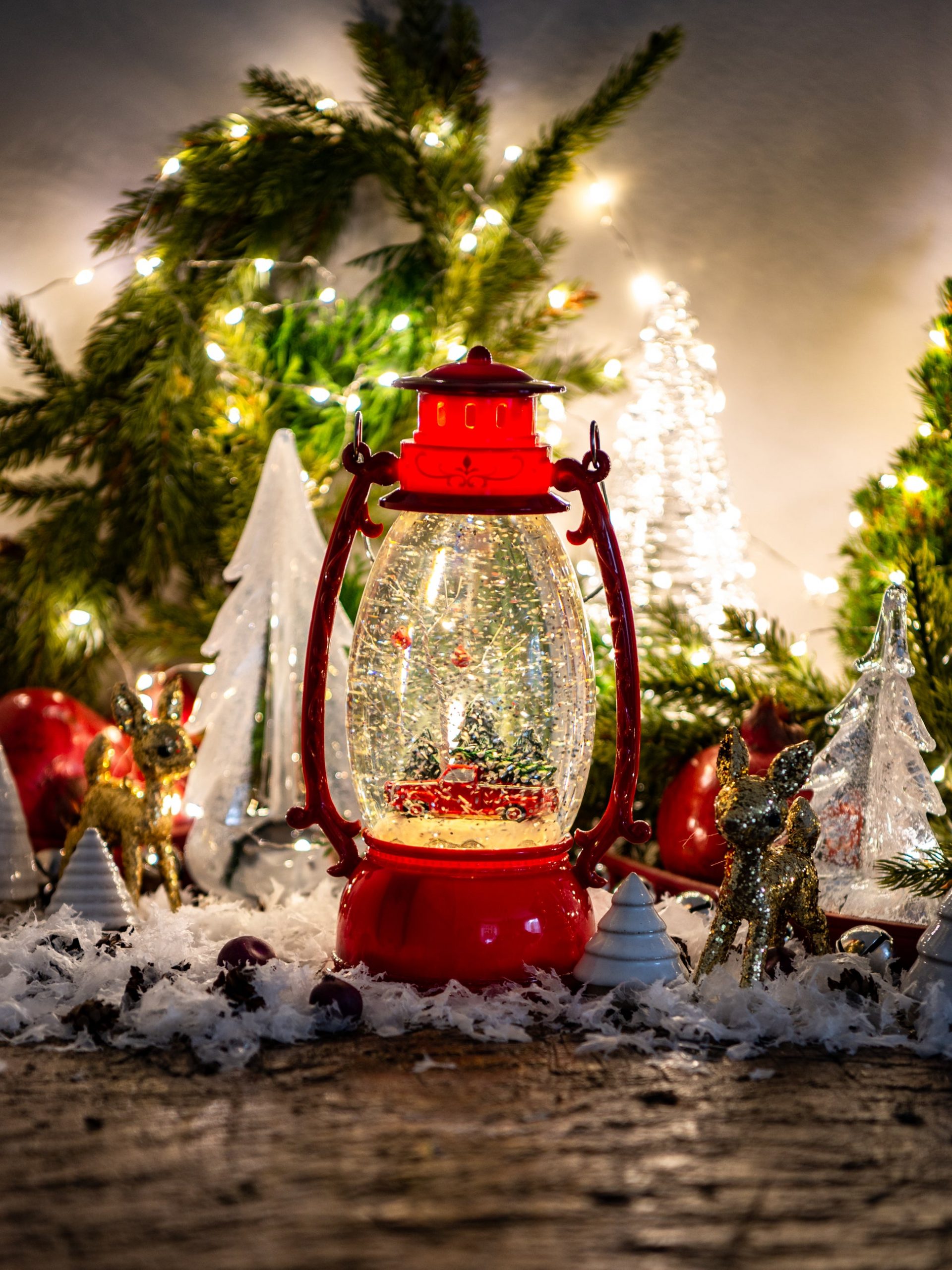 Red Snow Globe Lantern with Rotating Christmas Scene — Christmas Lantern Lights