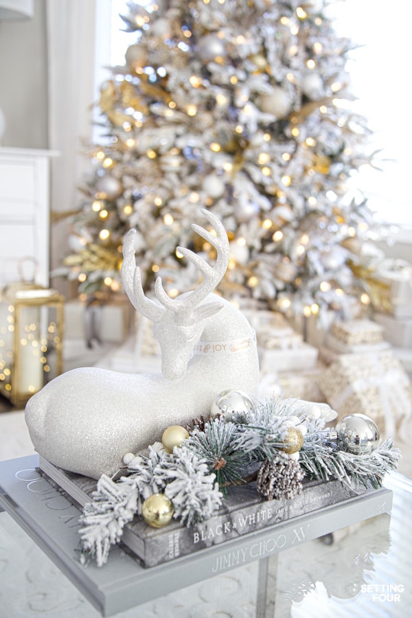 Elegant Coffee Table Vignette with Glittering Reindeer — White Christmas Tree Decor