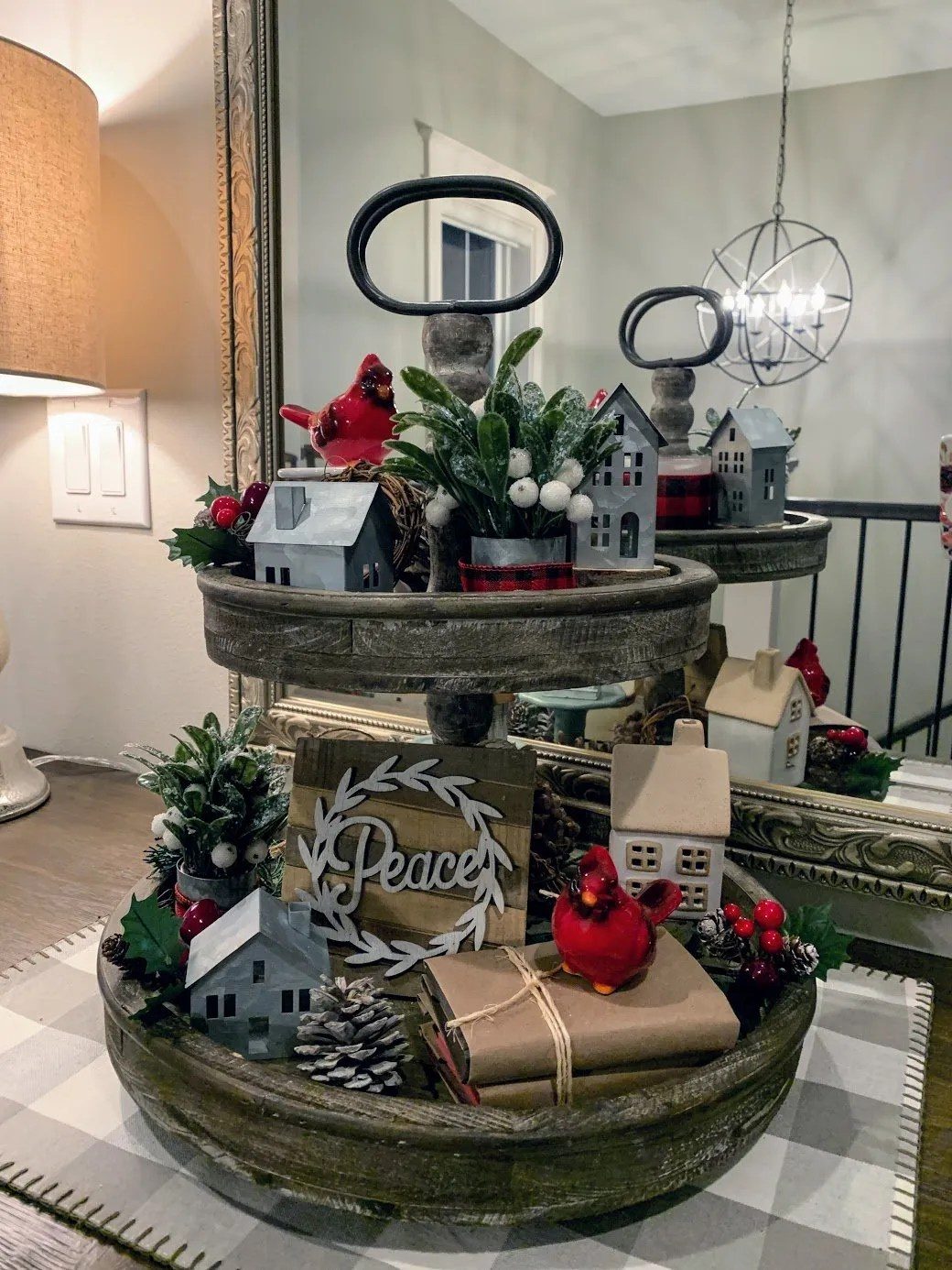 Farmhouse Tray with Miniature Grey Houses and Red Cardinals Farmhouse Tray with Miniature Grey Houses and Red Cardinals — Christmas Tiered Tray