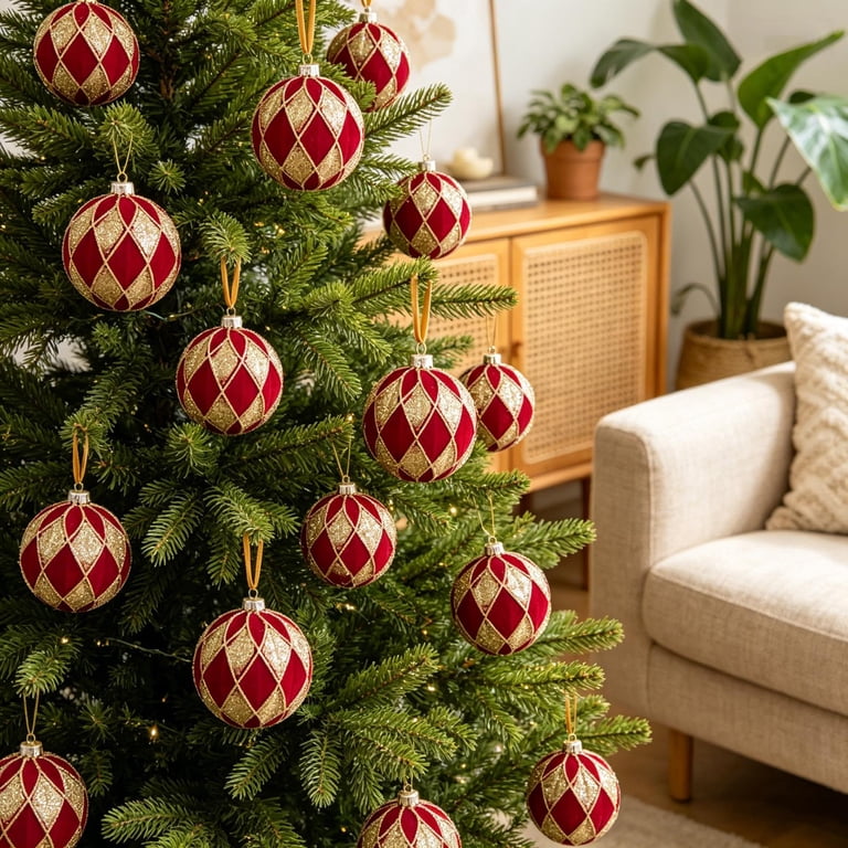 Burgundy and Gold Diamond Patterned Christmas Ornaments — Burgundy Christmas Decor
