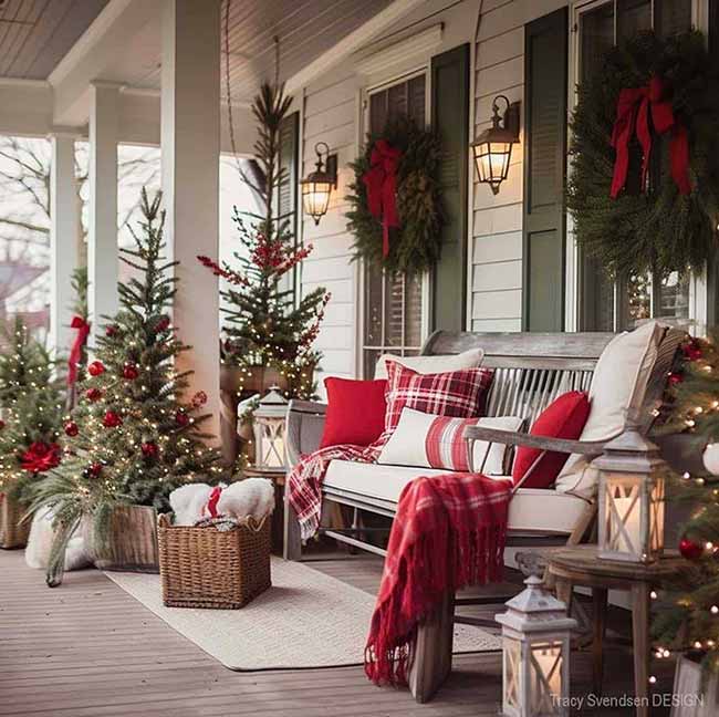 Festive Traditional Porch with Small Trees, Wreaths, and Lanterns — Traditional Christmas Decor