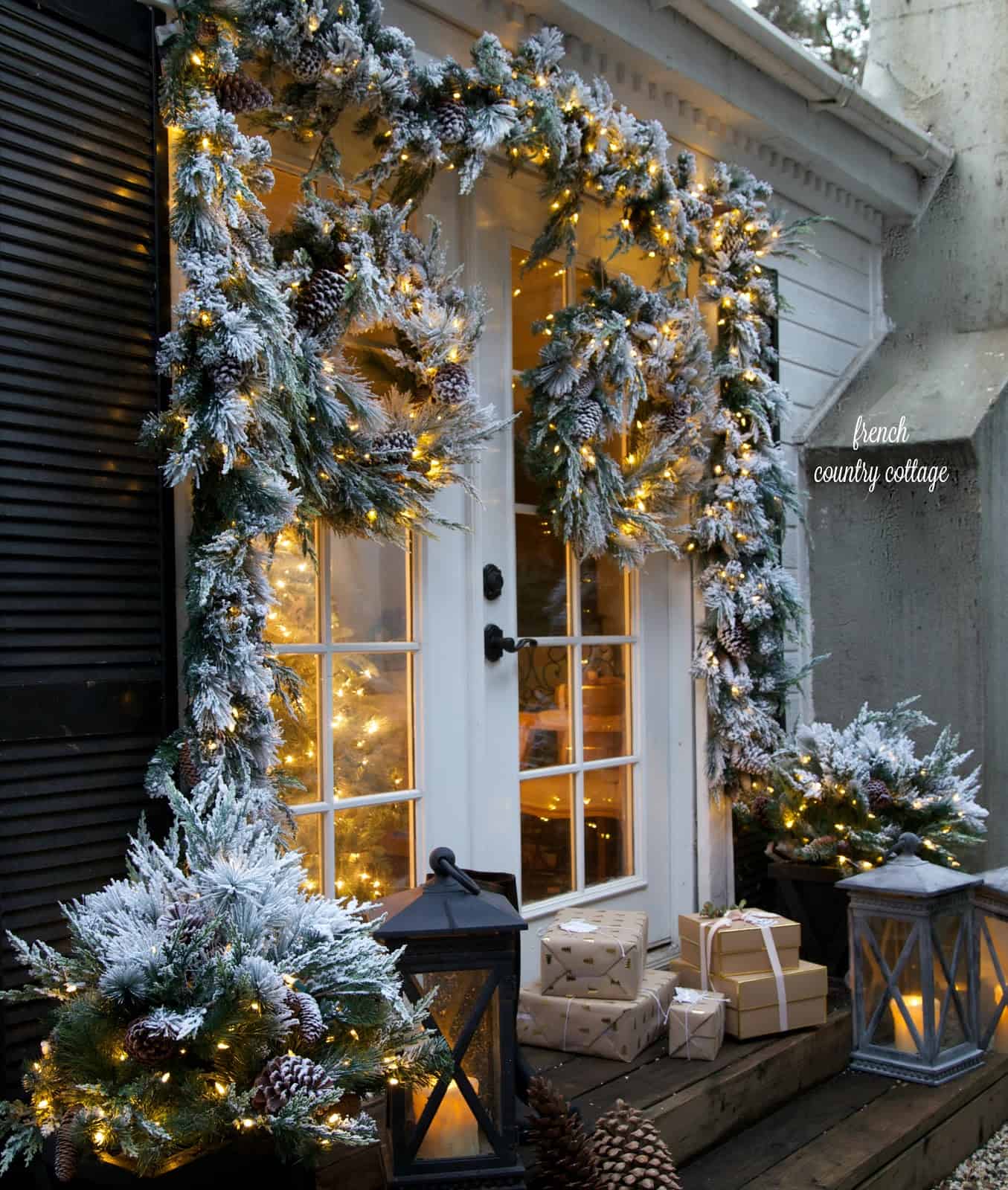 French Country Entrance with Frosted Garland — Christmas House Exterior Decor
