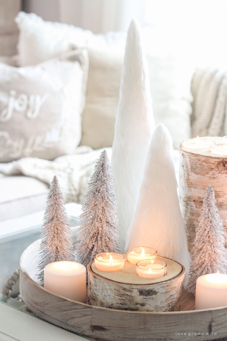 Cozy Winter Vignette with Flocked Trees and Birch Candle Holders Cozy Winter Vignette with Flocked Trees and Birch Candle Holders — White Christmas Decor
